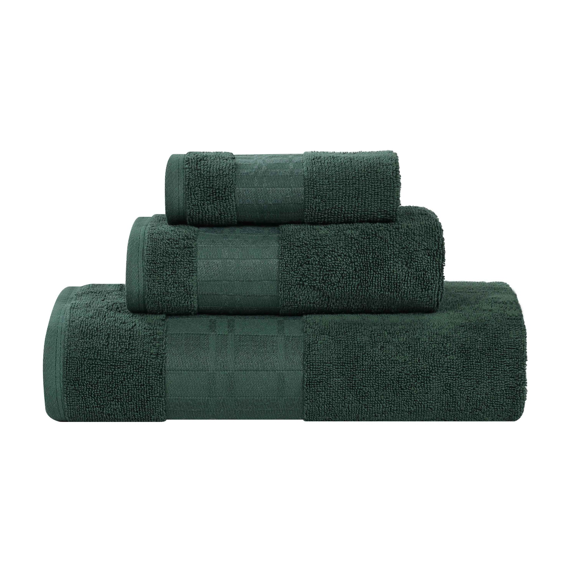 Larissa Cotton Geometric Border 3 Piece Assorted Towel Set - ForestGreen