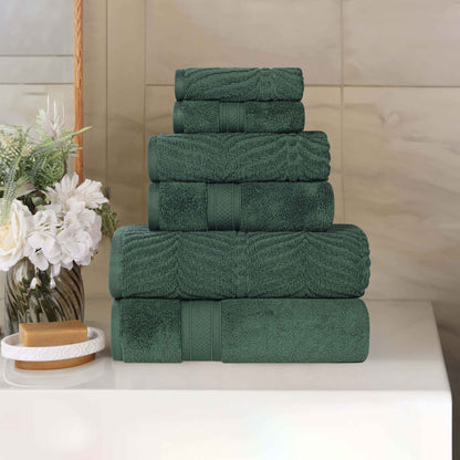 Chevron Zero Twist Solid and Jacquard Soft Cotton 6 Piece Towel Set - ForestGreen