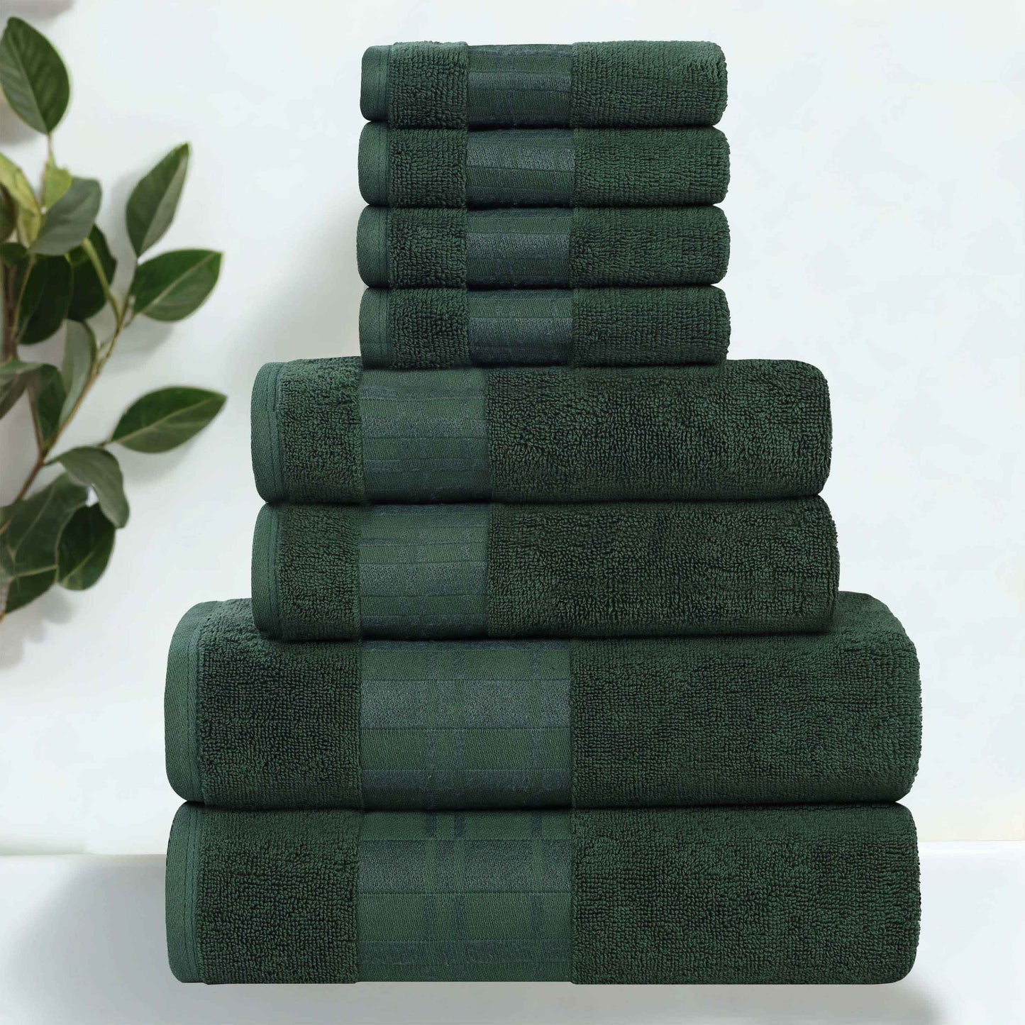 Larissa Cotton Geometric Border 8 Piece Assorted Towel Set - ForestGreen