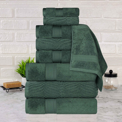 Chevron Zero Twist Solid and Jacquard Cotton 9 Piece Towel Set - ForestGreen