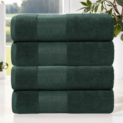 Larissa Cotton Geometric Border Bath Towel Set of 4 - ForestGreen