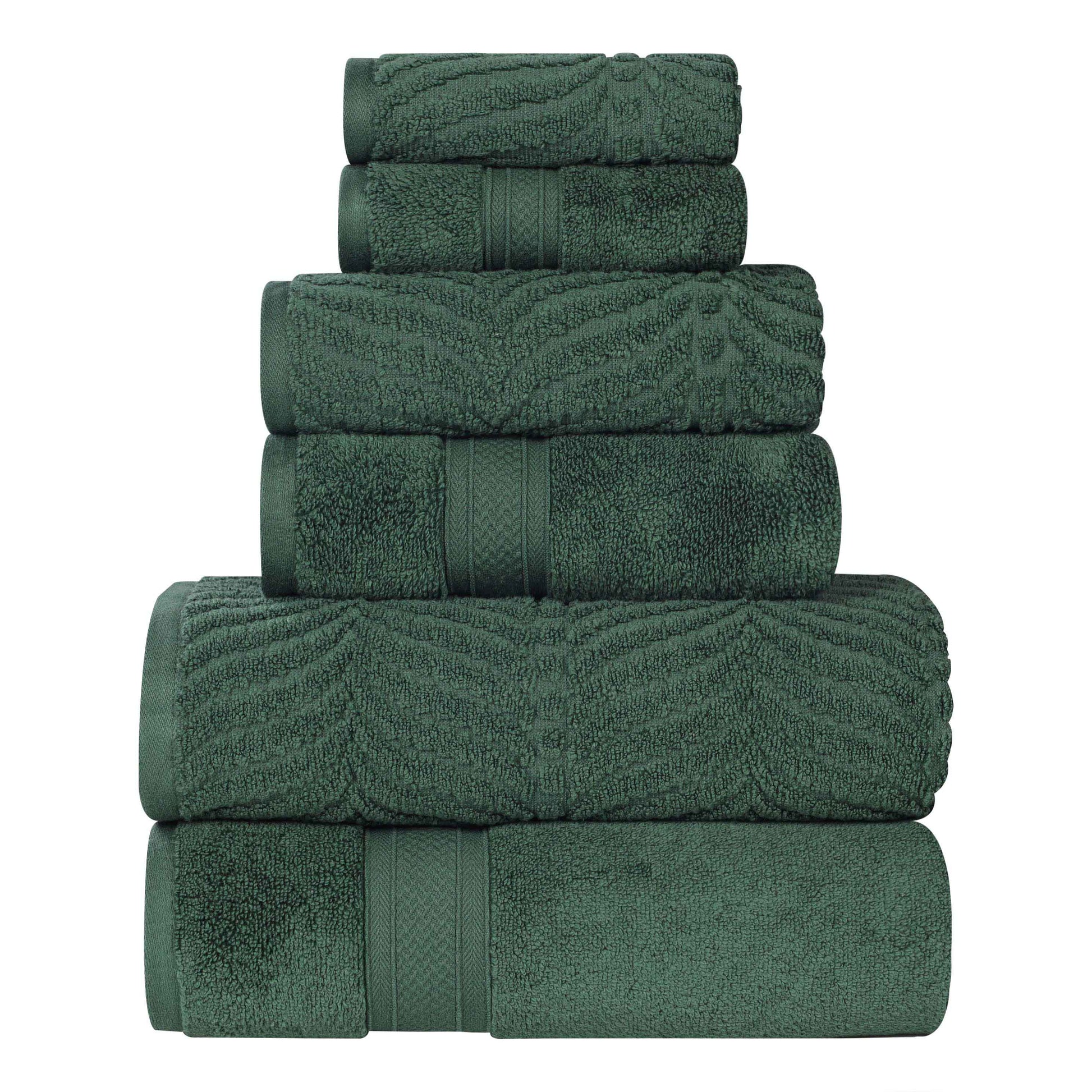 Chevron Zero Twist Solid and Jacquard Soft Cotton 6 Piece Towel Set - ForestGreen