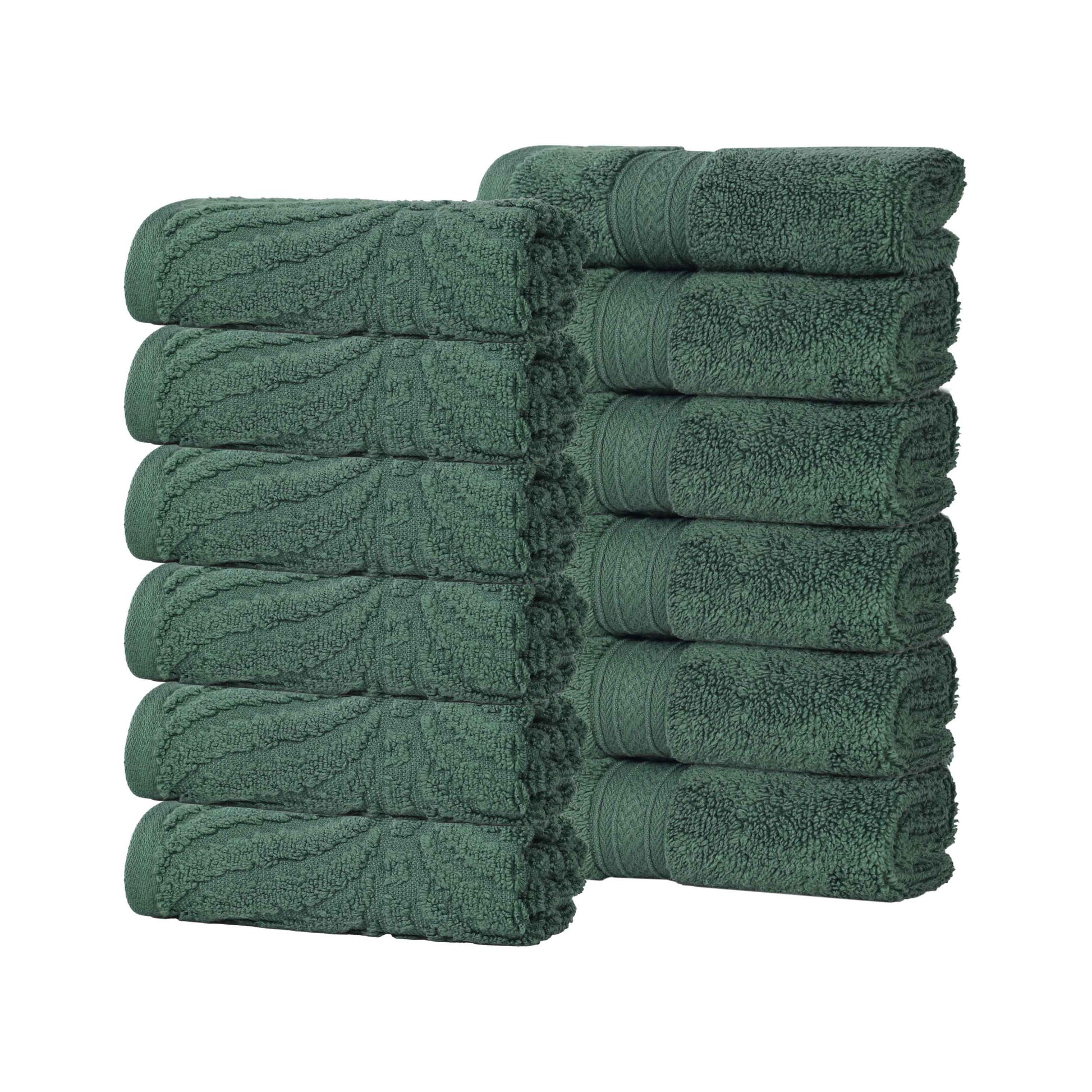 Chevron Zero Twist Solid and Jacquard Soft Cotton Washcloth Set of 12 - ForestGreen