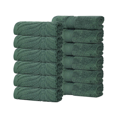 Chevron Zero Twist Solid and Jacquard Soft Cotton Washcloth Set of 12 - ForestGreen
