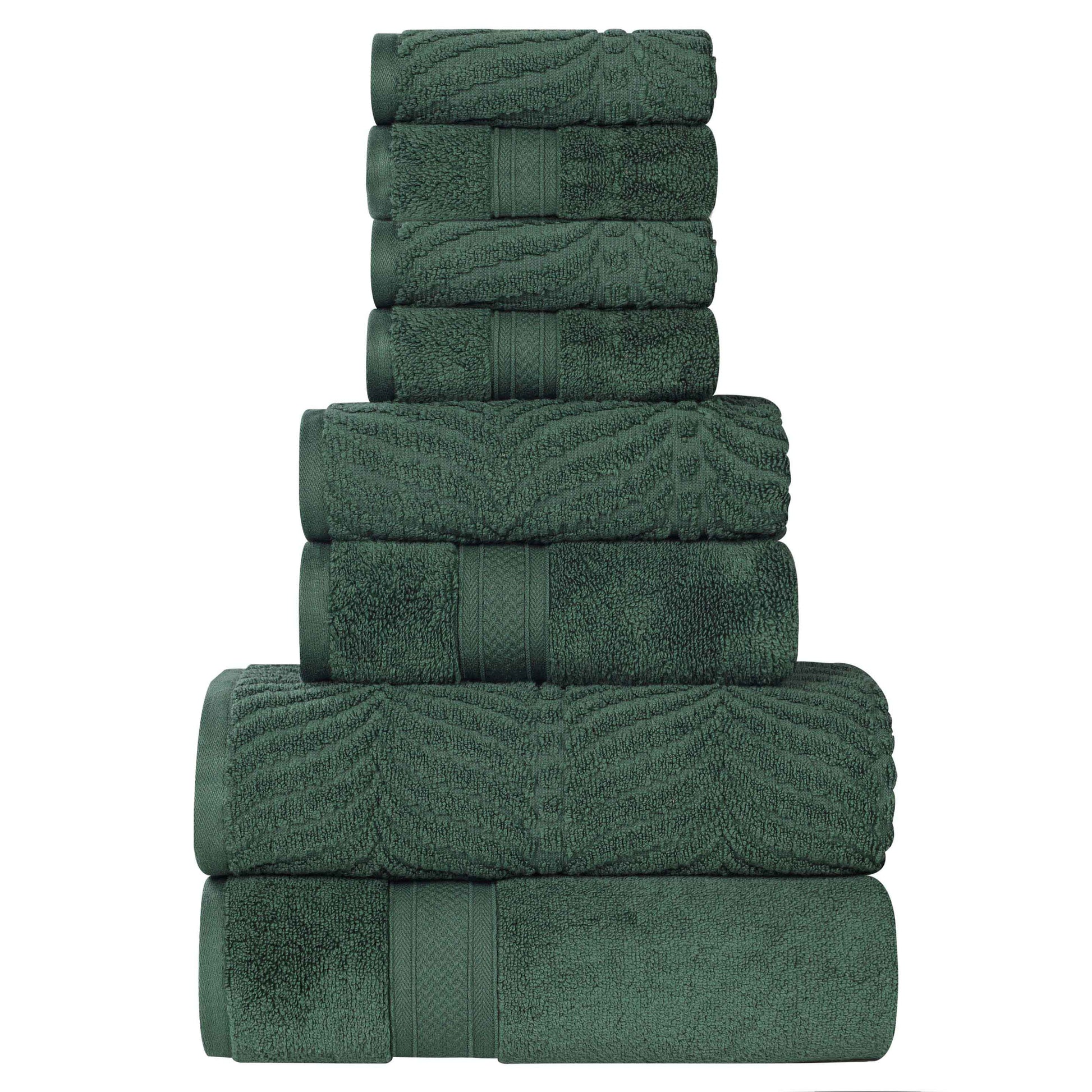 Chevron Zero Twist Solid and Jacquard Cotton 8 Piece Towel Set - ForestGreen