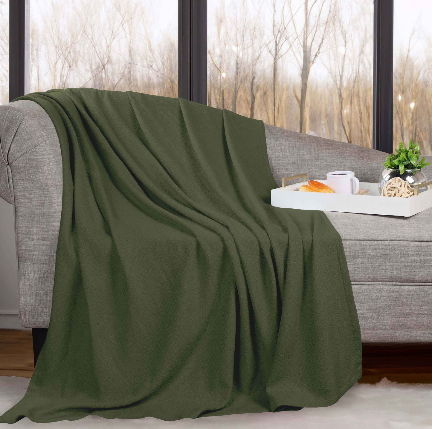 Nobel Cotton Textured Jacquard Chevron Lightweight Woven Blanket - ForestGreen