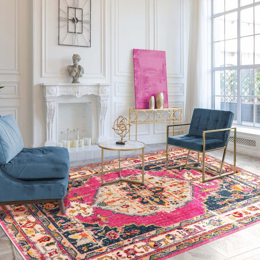 Deliana Oriental Distressed Geometric Medallion Indoor Area Rug - Fuschia