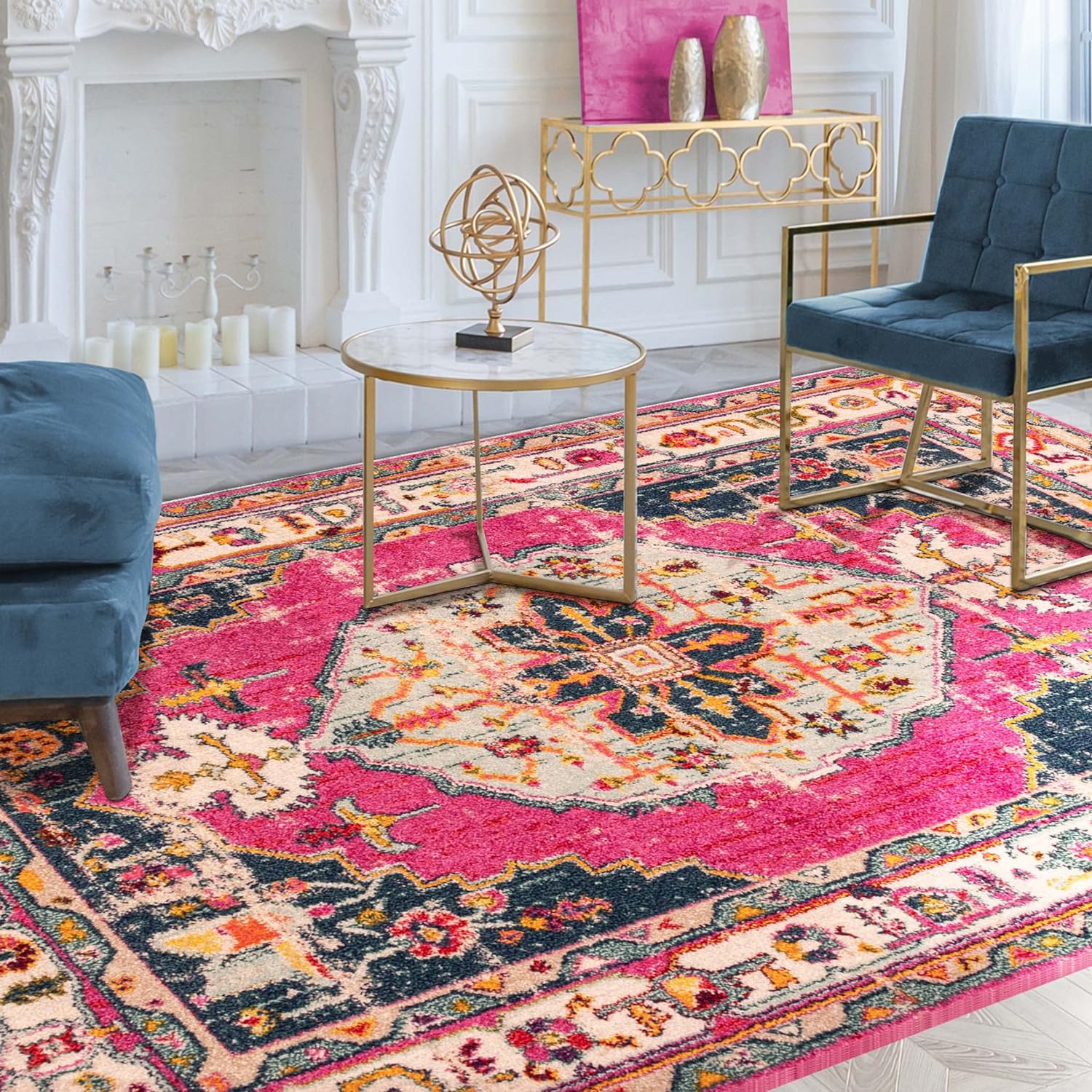 Deliana Oriental Distressed Geometric Medallion Indoor Area Rug - Fuschia