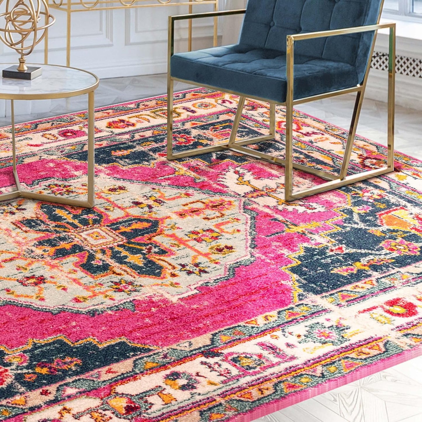 Deliana Oriental Distressed Geometric Medallion Indoor Area Rug - Fuschia