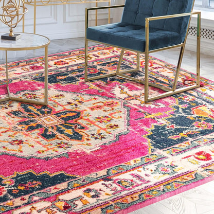 Deliana Oriental Distressed Geometric Medallion Indoor Area Rug - Fuschia