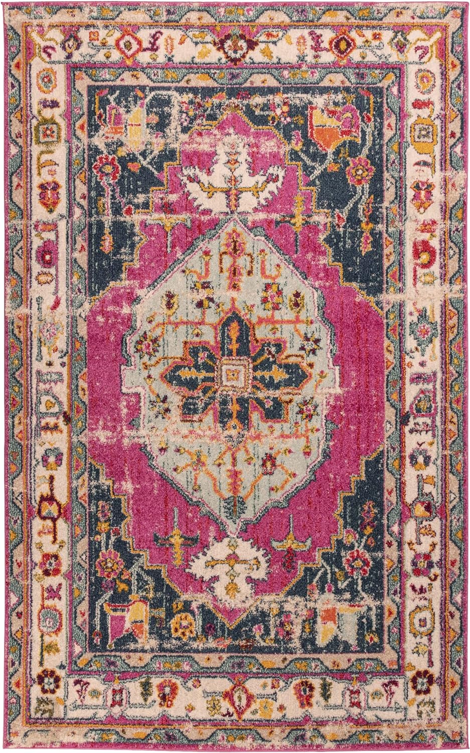 Deliana Oriental Distressed Geometric Medallion Indoor Area Rug - Fuschia