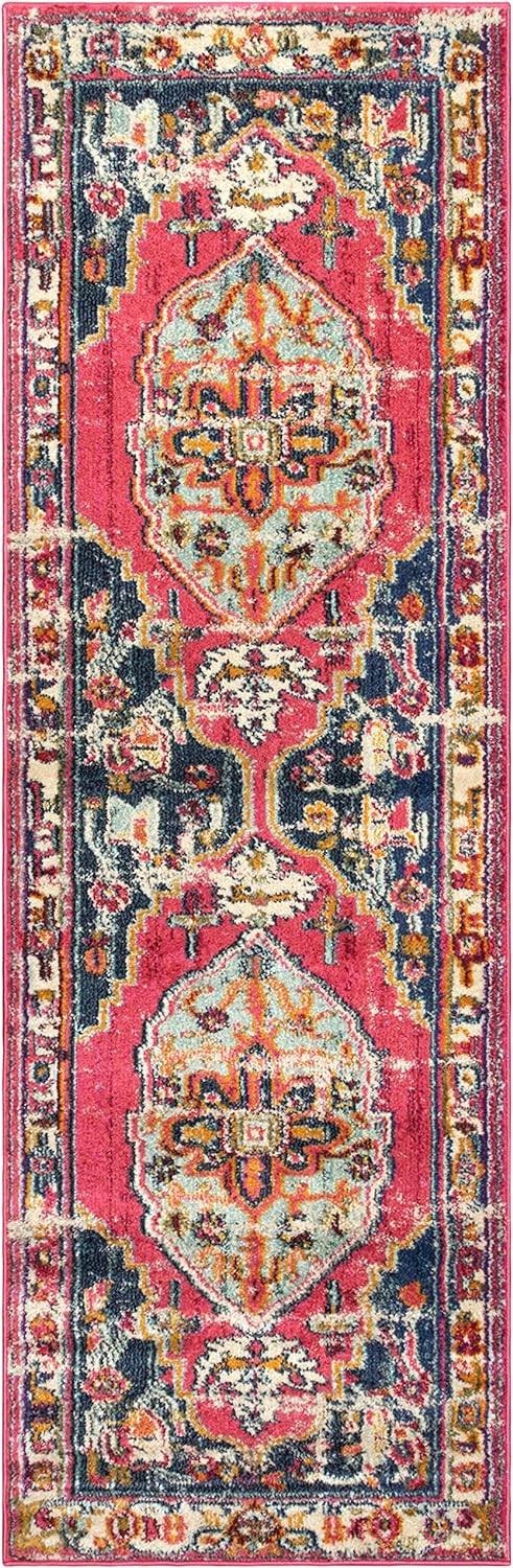 Deliana Oriental Distressed Geometric Medallion Indoor Area Rug - Fuschia