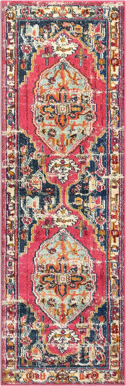 Deliana Oriental Distressed Geometric Medallion Indoor Area Rug - Fuschia