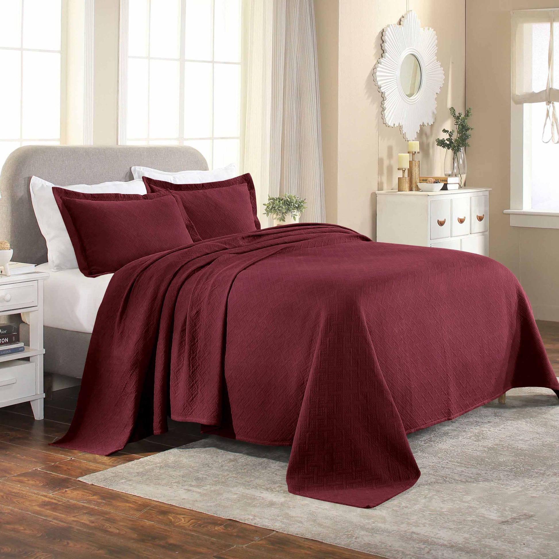 Basket Weave Matelasse Cotton Bedspread Set - Garnet