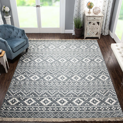 Genaine Contemporary Geometric Fringe Indoor Area Rug or Runner Rug - Nightfall Blue