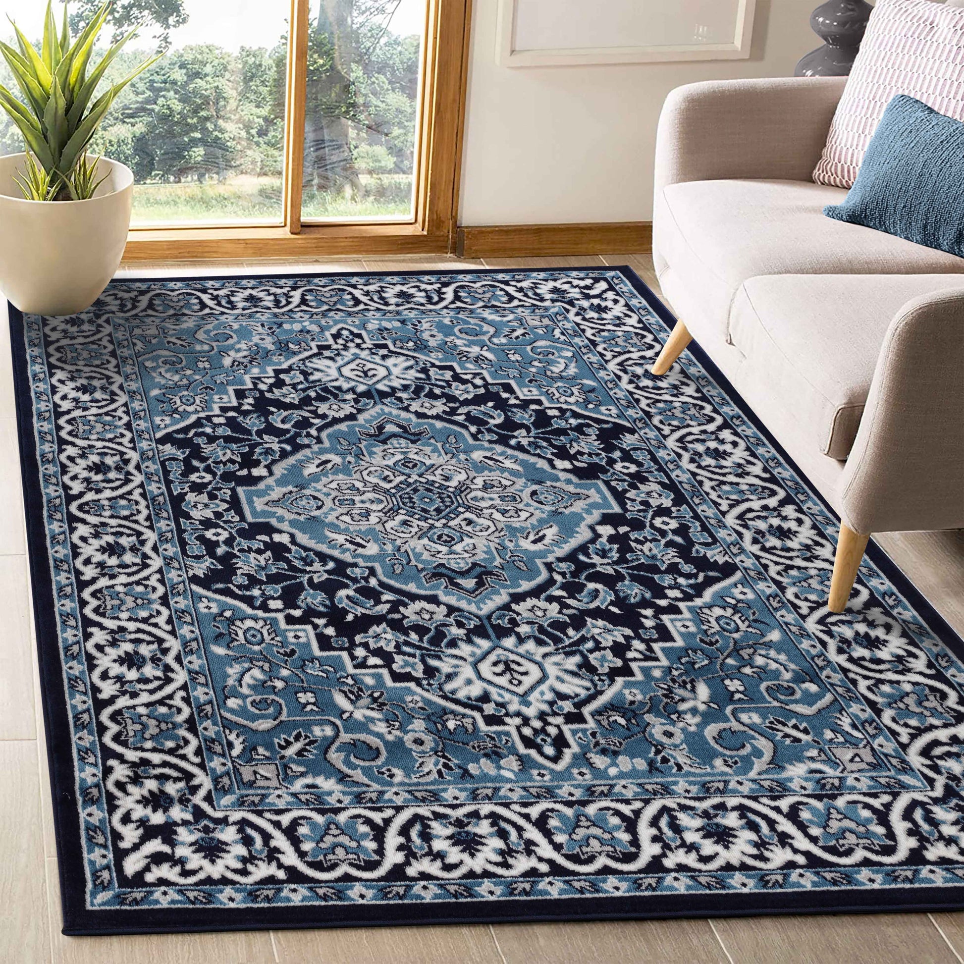 Glendale Traditional Floral Medallion Indoor Area Rug or Runner Rug - Blue