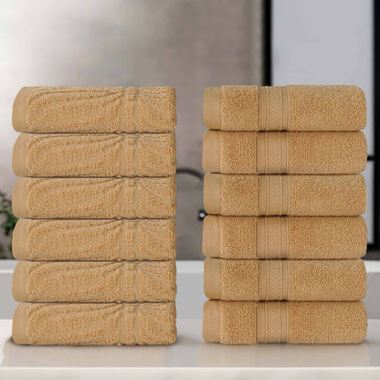 Chevron Zero Twist Solid and Jacquard Soft Cotton Washcloth Set of 12 - Gold
