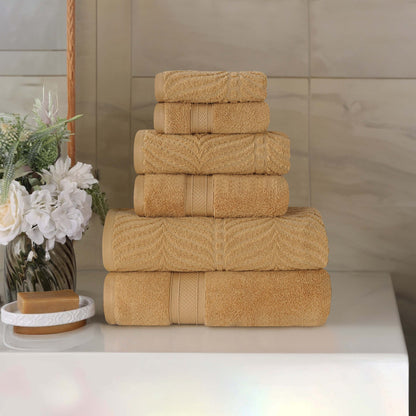 Chevron Zero Twist Solid and Jacquard Soft Cotton 6 Piece Towel Set - Gold