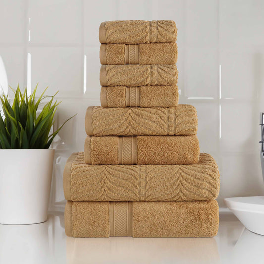 Chevron Zero Twist Solid and Jacquard Cotton 8 Piece Towel Set - Gold
