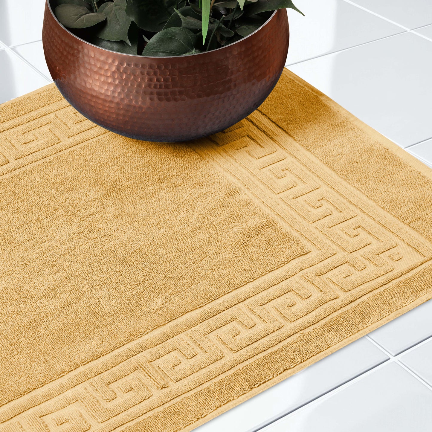 100% Cotton Highly-Absorbent Greek Key Border Solid 2-Piece Bath Mat Set - Gold