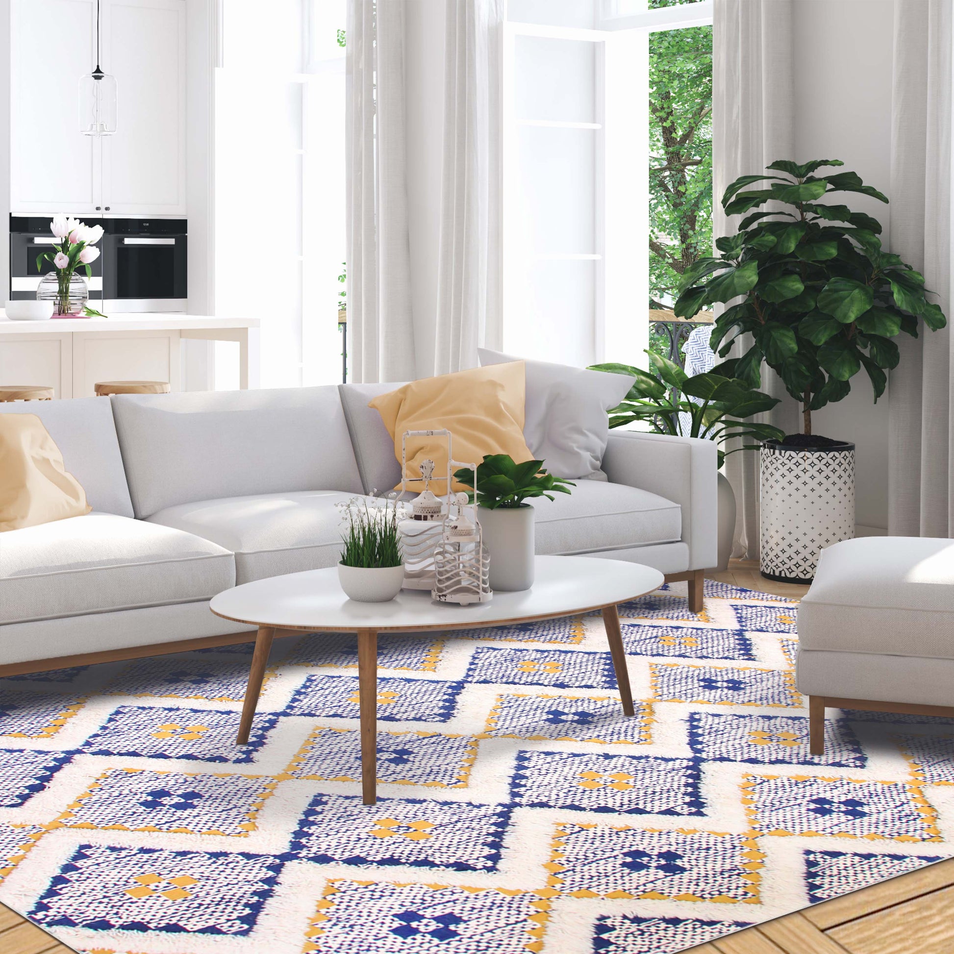 Geometric Wool Cotton Blend Latex Backing Indoor Area Rug - Gold/NavyBlue