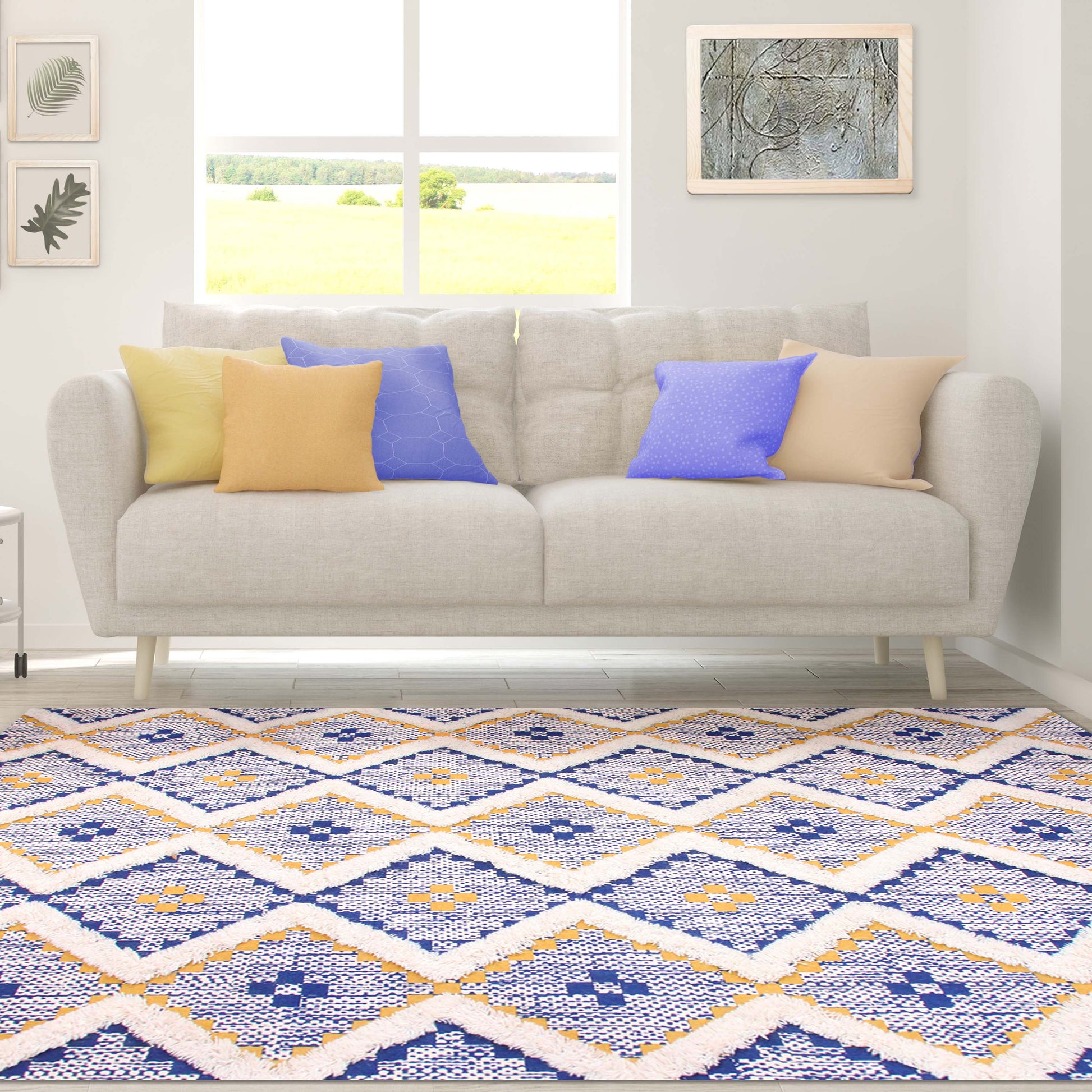 Geometric Wool Cotton Blend Latex Backing Indoor Area Rug - Gold/NavyBlue