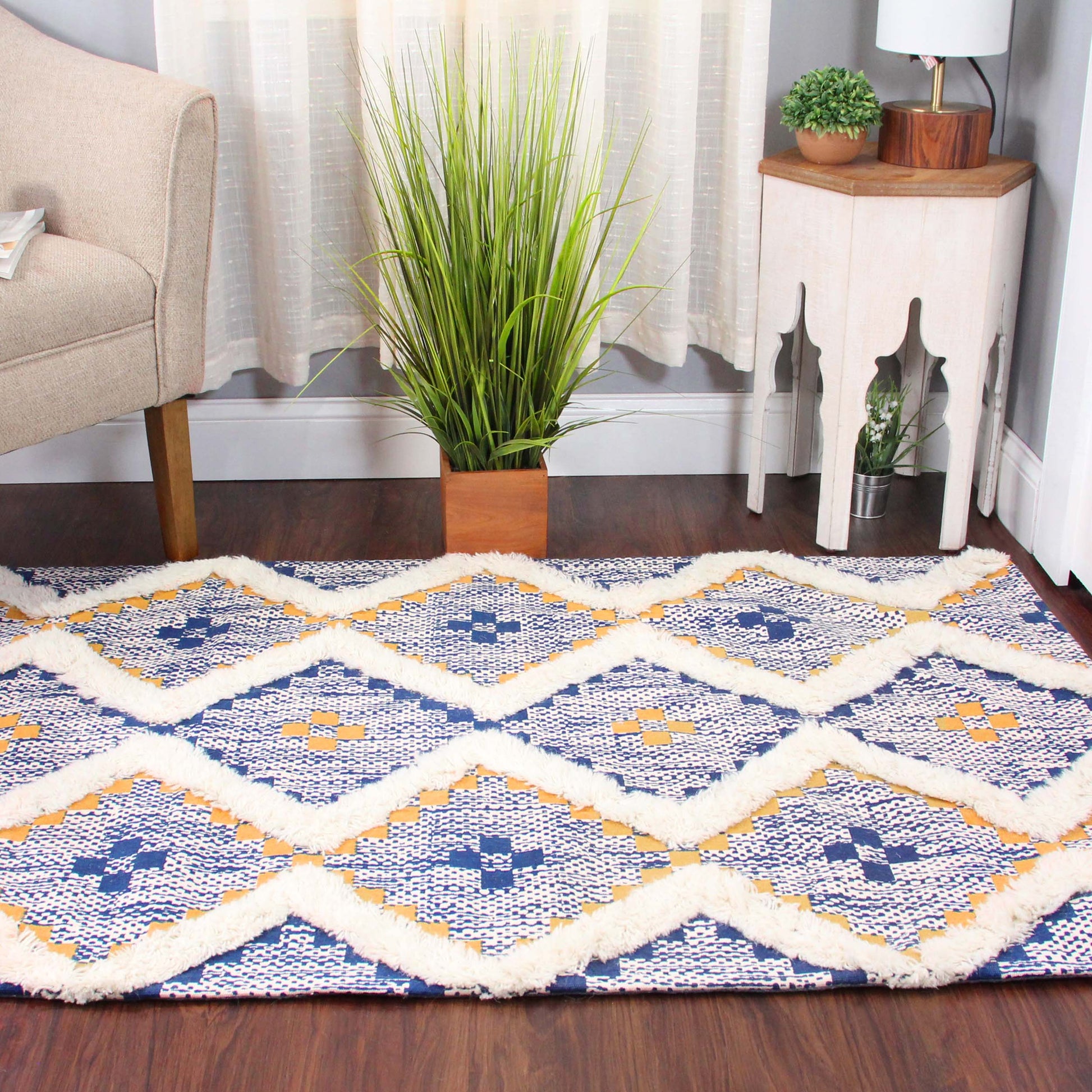 Geometric Wool Cotton Blend Latex Backing Indoor Area Rug - Gold/NavyBlue