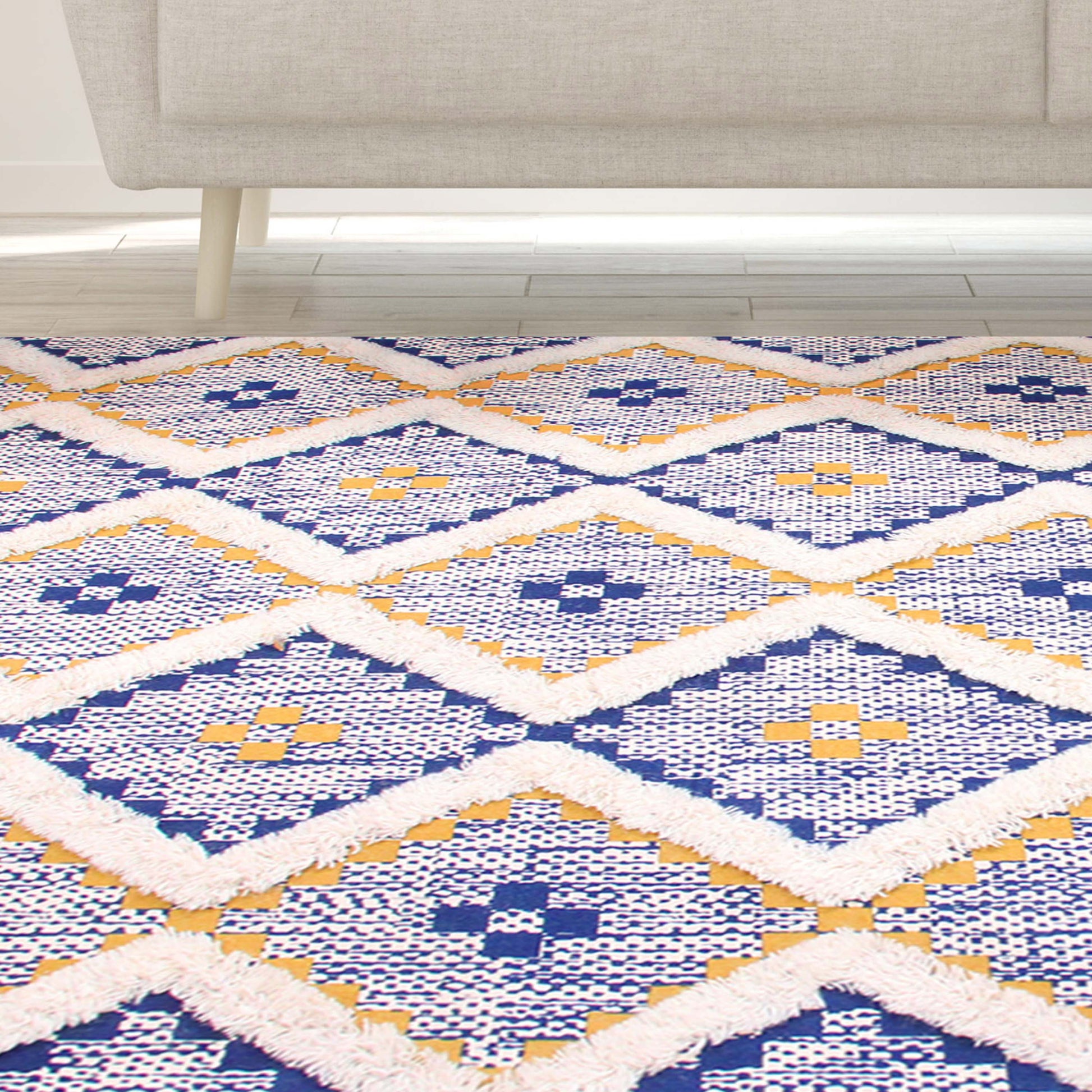 Geometric Wool Cotton Blend Latex Backing Indoor Area Rug - Gold/NavyBlue