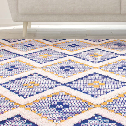 Geometric Wool Cotton Blend Latex Backing Indoor Area Rug - Gold/NavyBlue