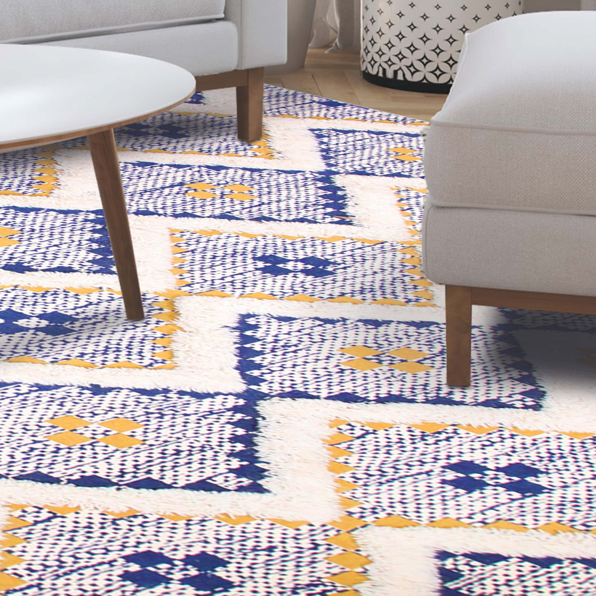 Geometric Wool Cotton Blend Latex Backing Indoor Area Rug - Gold/NavyBlue