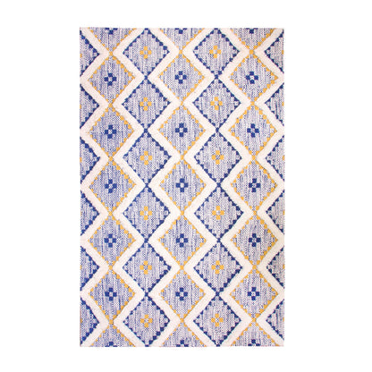 Geometric Wool Cotton Blend Latex Backing Indoor Area Rug - Gold/NavyBlue