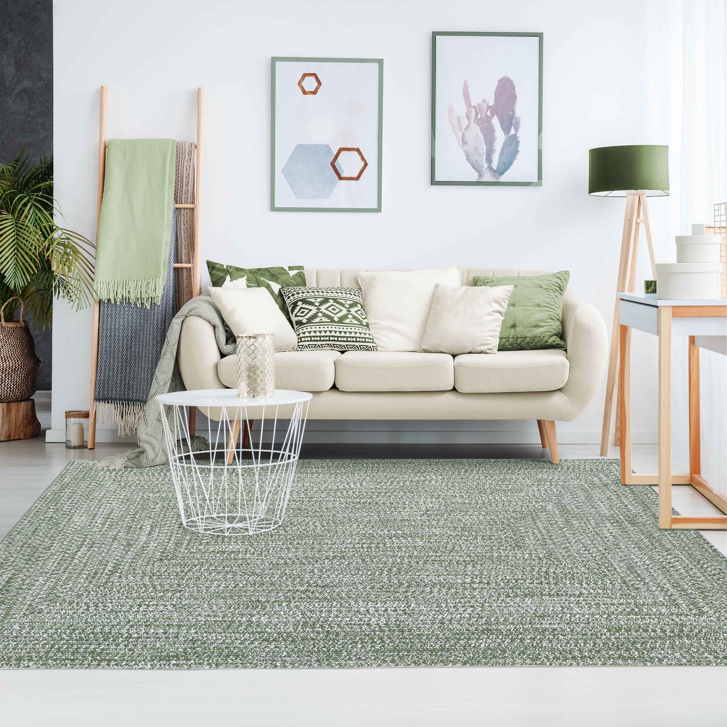 Multi Toned Braided Area Rug Bohemian Indoor Outdoor Rugs - Green-White
