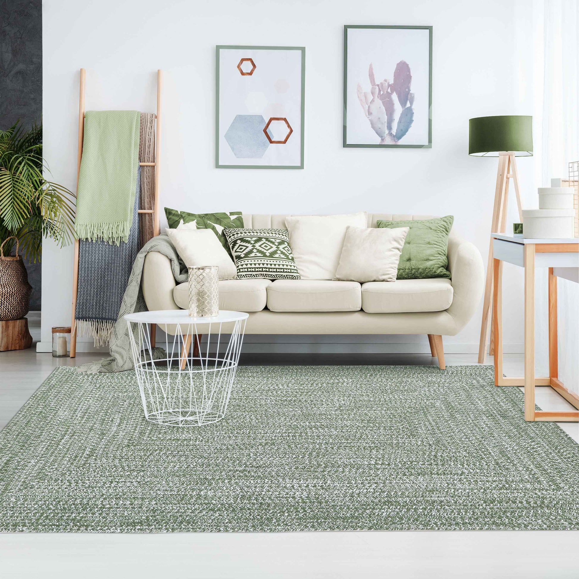 Multi Toned Braided Area Rug Bohemian Indoor Outdoor Rugs - Green-White