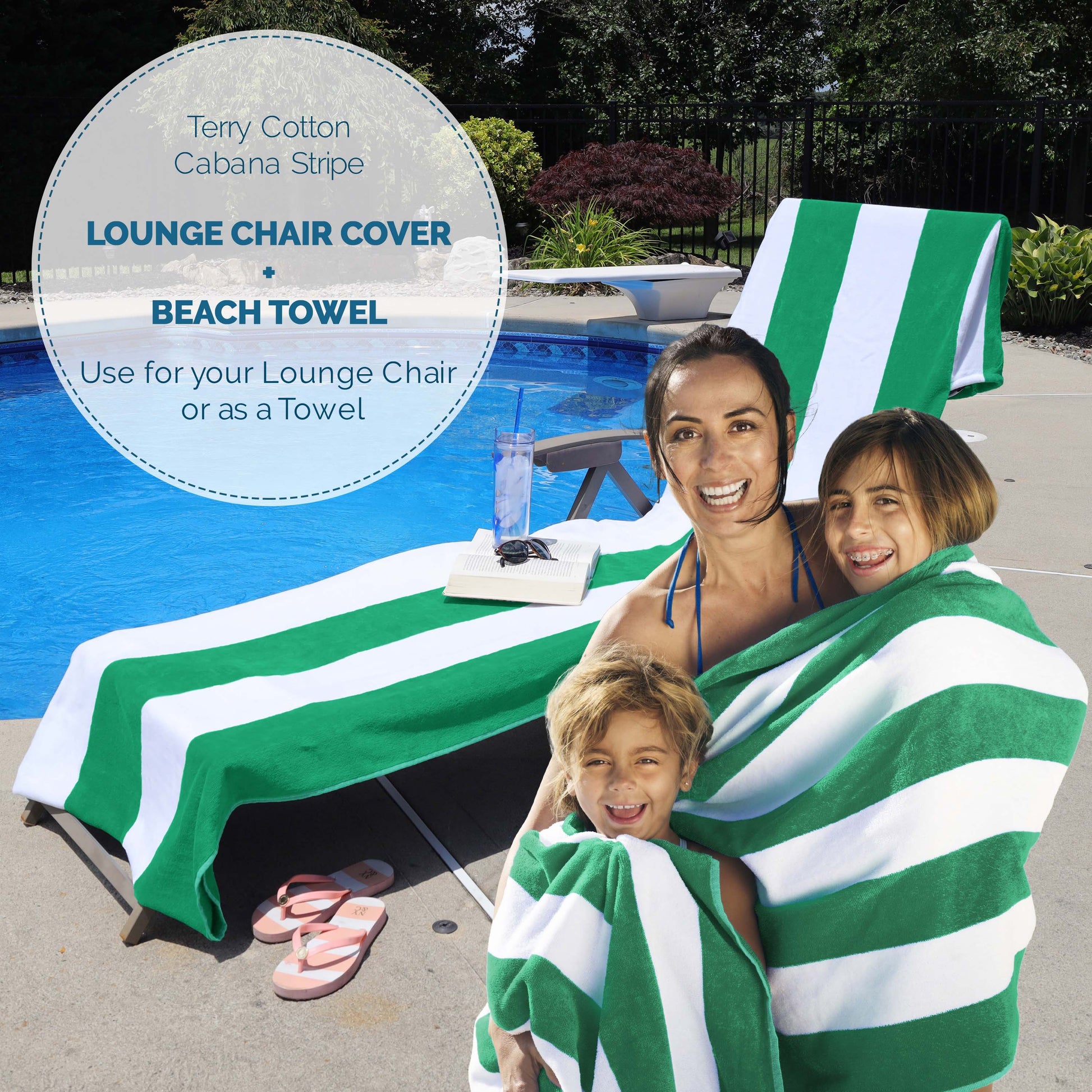 Cabana Striped Cotton Standard Size Chaise Lounge Chair Cover Set of 2 - Green