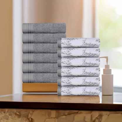 Cotton Marble and Solid Medium Weight Face Towel/ Washcloth Set of 12 - Gray