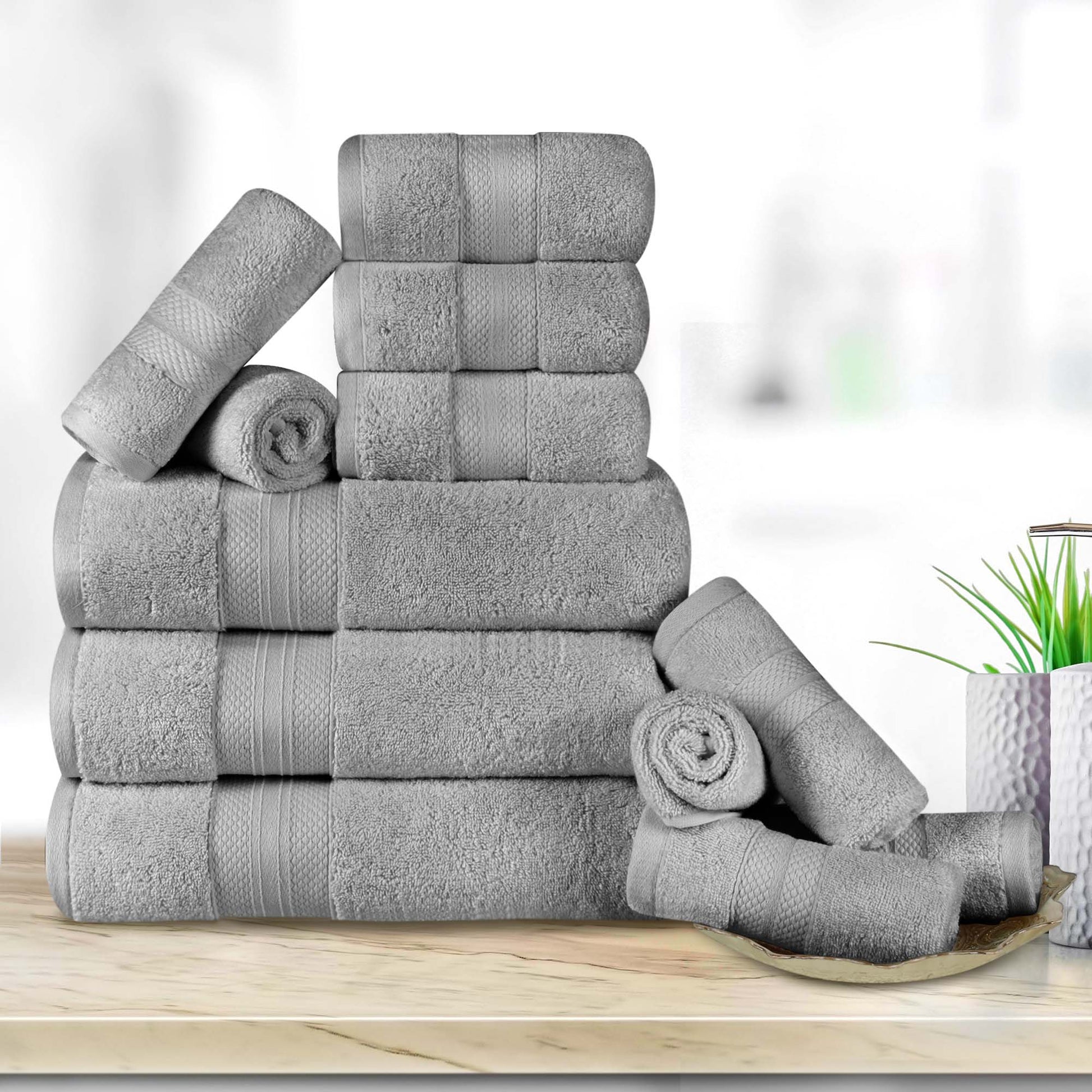 Turkish Cotton Highly Absorbent Solid 12 Piece Ultra Plush Towel Set - Gray