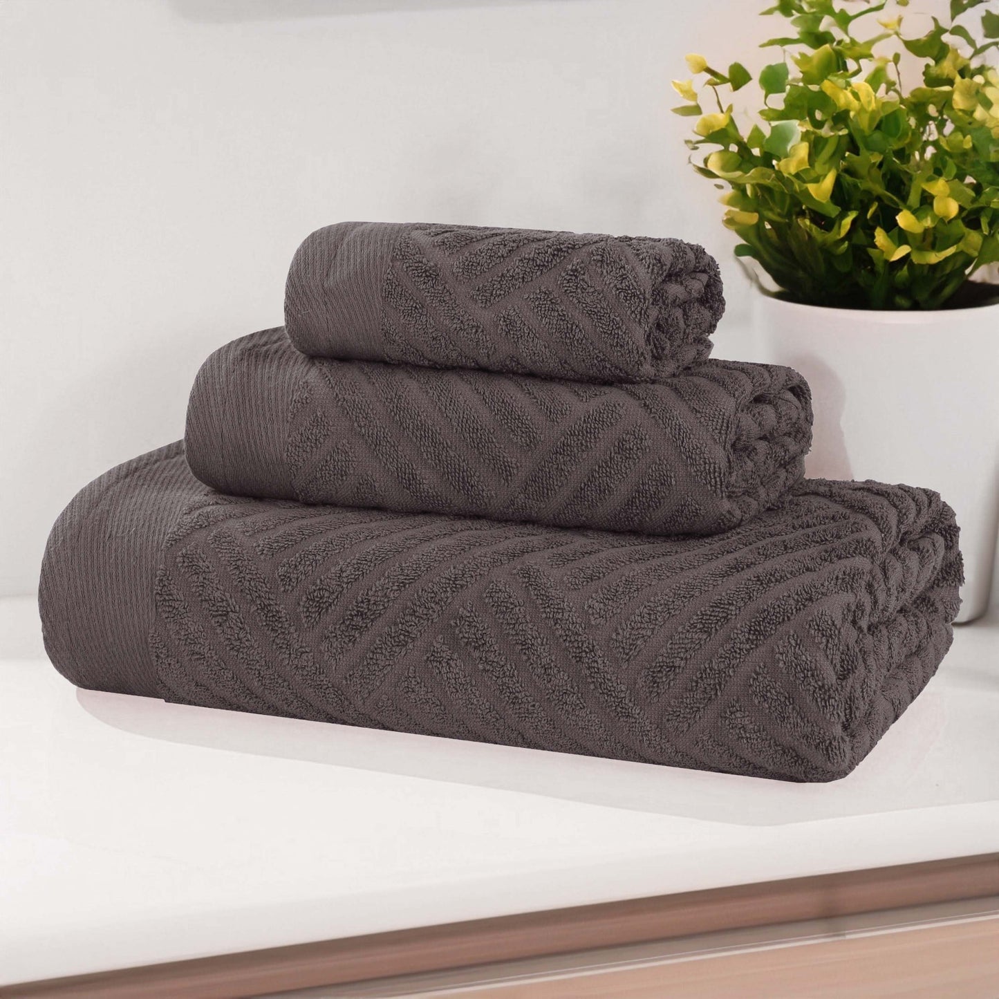 Basketweave Egyptian Cotton Jacquard 3 Piece Assorted Towel Set - Gray