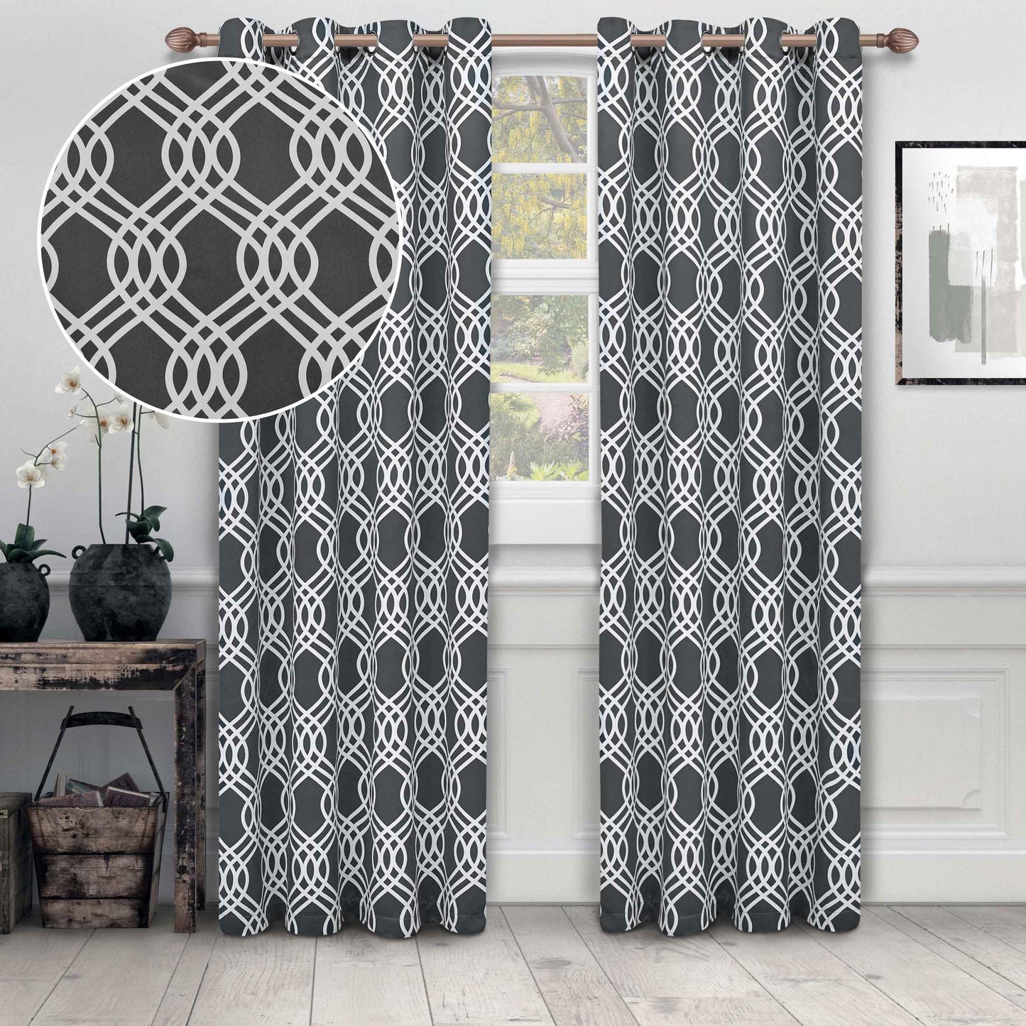 Ribbon Machine Washable Room Darkening Blackout Curtain Set