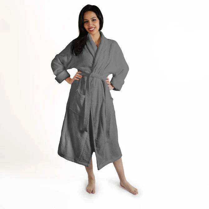 Classic Women's Bath Robe Turkish Cotton Bathrobe with Adjustable Belt - Gray