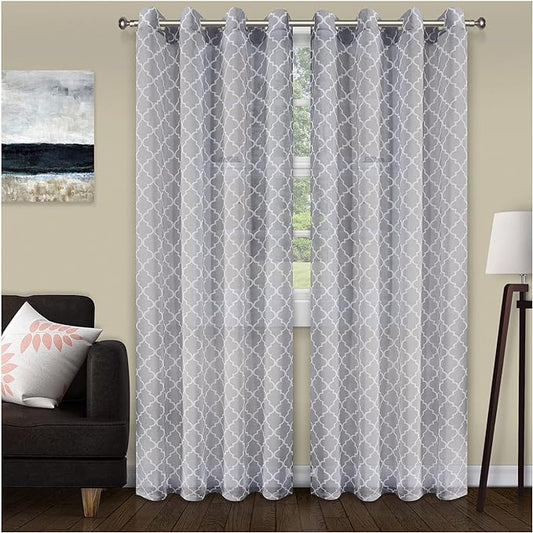 Sheer Geometric Trellis Grommet Curtain Panels Set of 2 - Gray