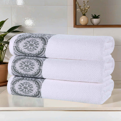 Medallion Cotton Jacquard Textured Soft Absorbent Bath Towel Set of 3 - Gray