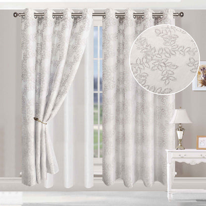 Embroidered Leaves Grommet 2 Piece Layered Sheer Curtain Panel Set - Gray