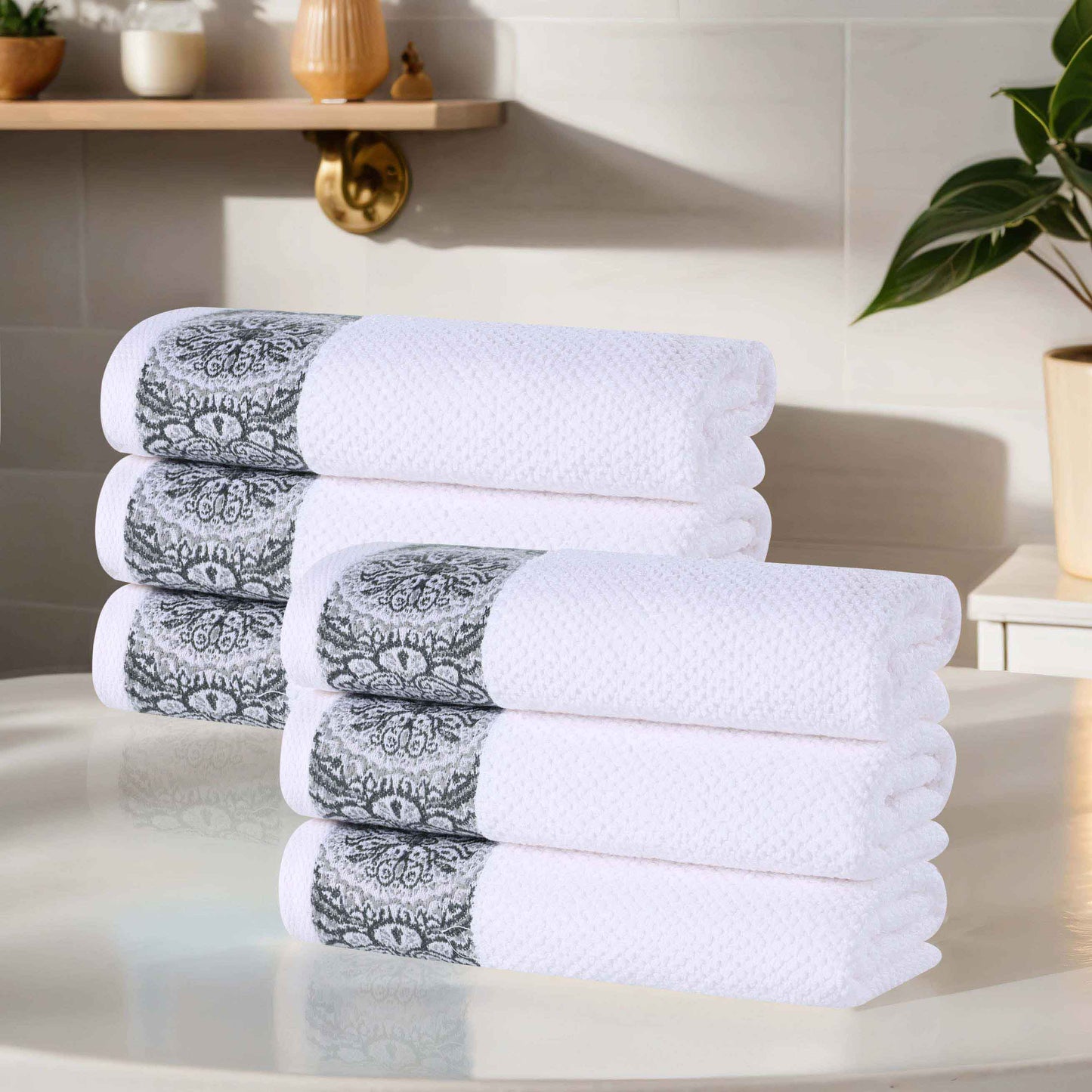 Medallion Cotton Jacquard Textured Soft Absorbent Hand Towel Set of 6 - Gray