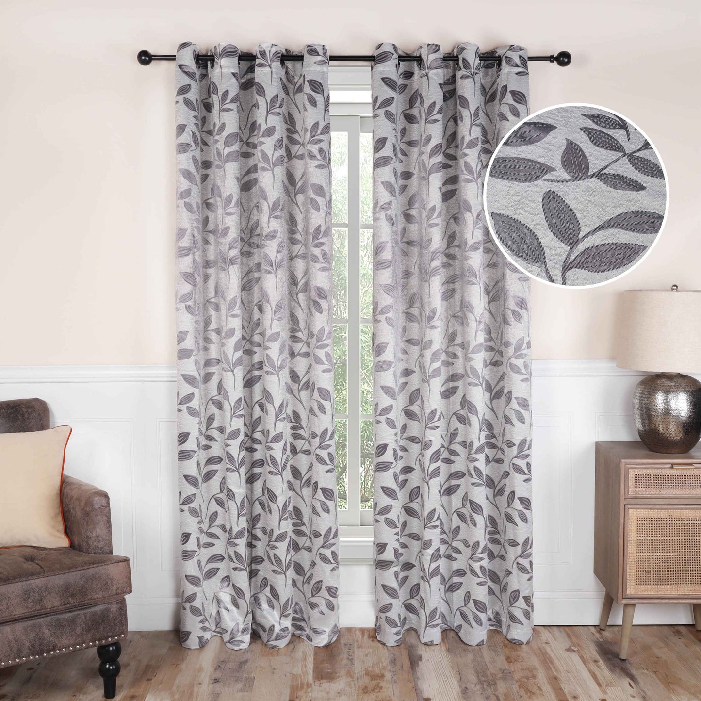 Leaves Machine Washable Room Darkening Blackout Curtains, Set of 2 - Gray