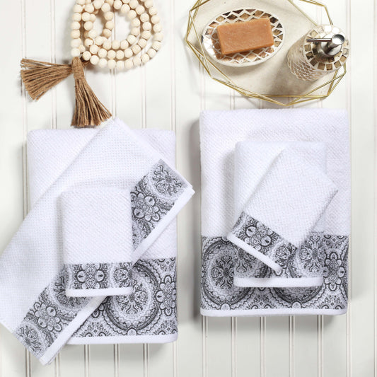 Medallion Cotton Jacquard Textured 6 Piece Assorted Towel Set - Gray