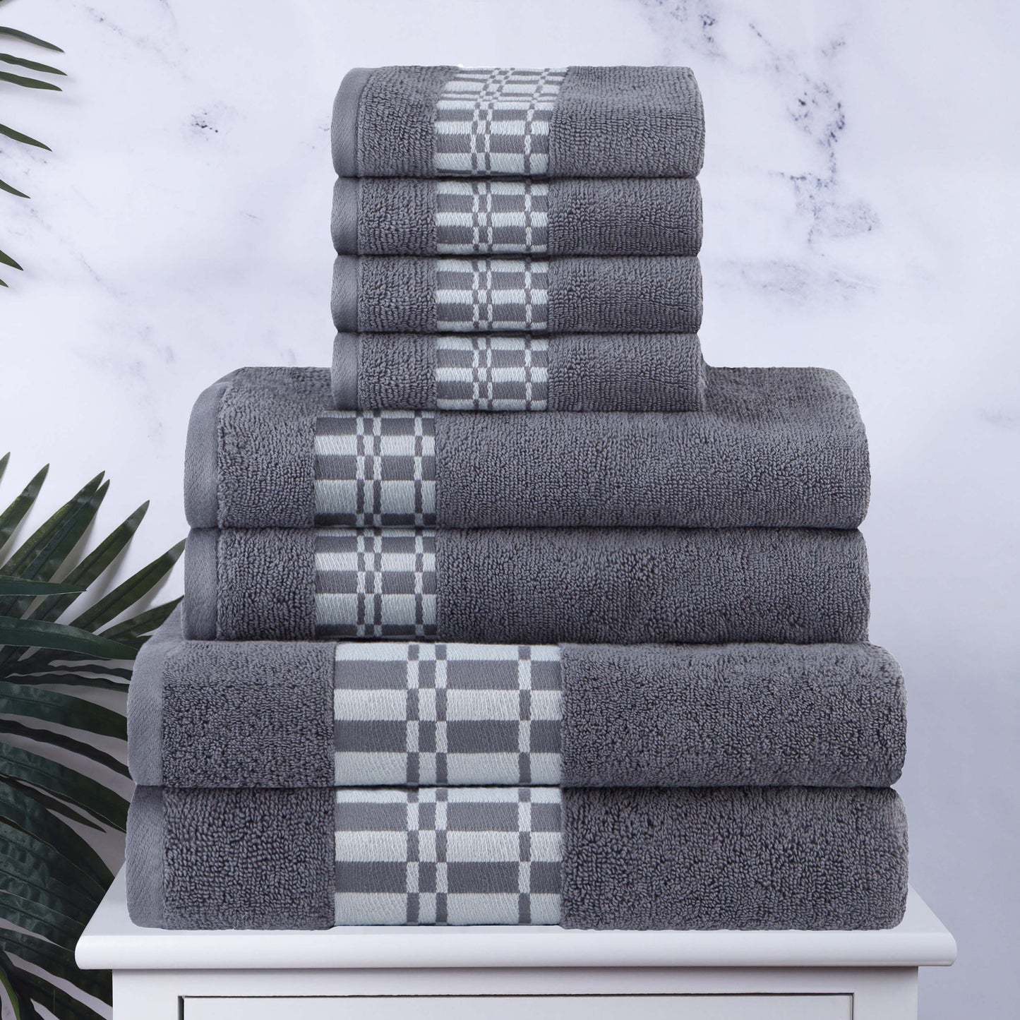 Larissa Cotton Geometric Border 8 Piece Assorted Towel Set - Gray