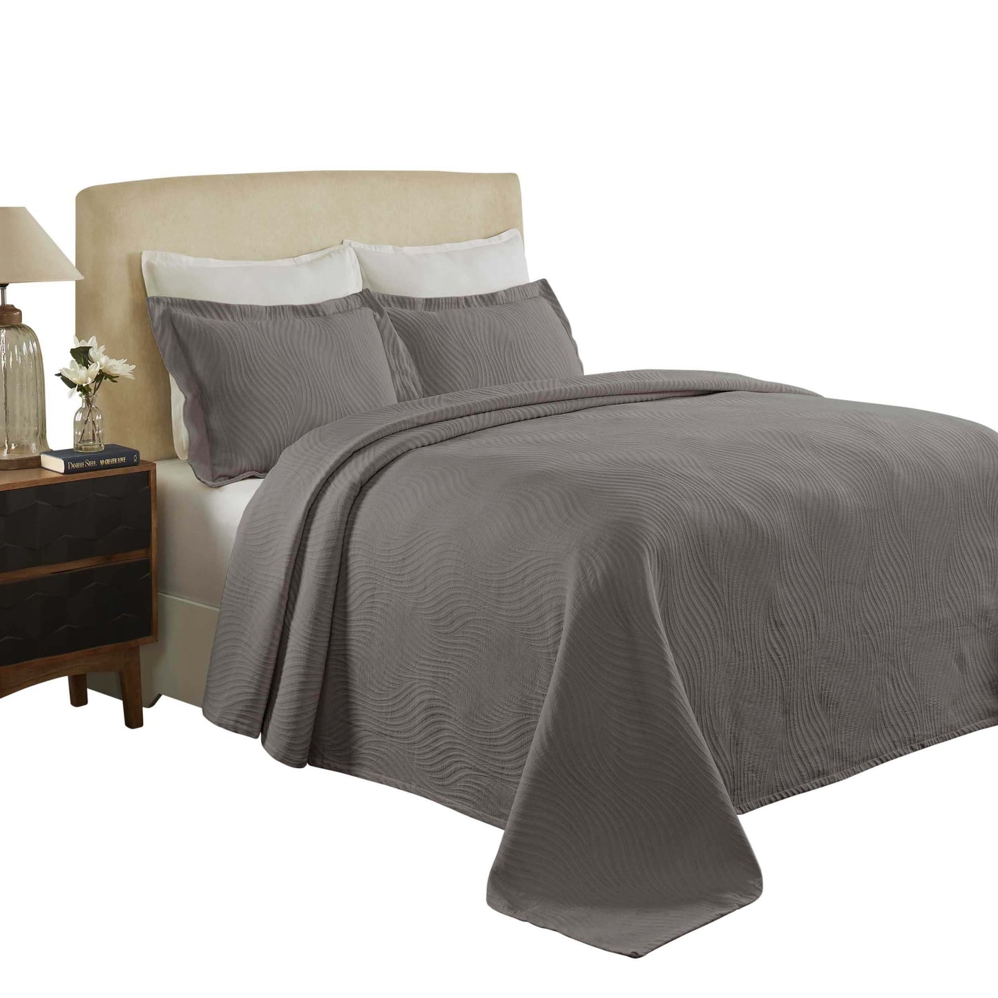 Cascade Cotton Jacquard Matelassé 3-Piece Bedspread Set - Gray