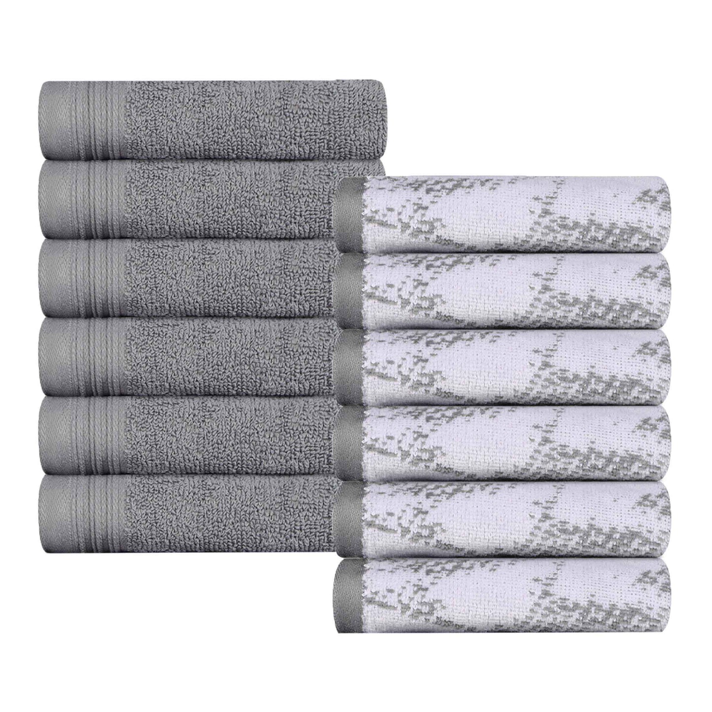 Cotton Marble and Solid Medium Weight Face Towel/ Washcloth Set of 12 - Gray