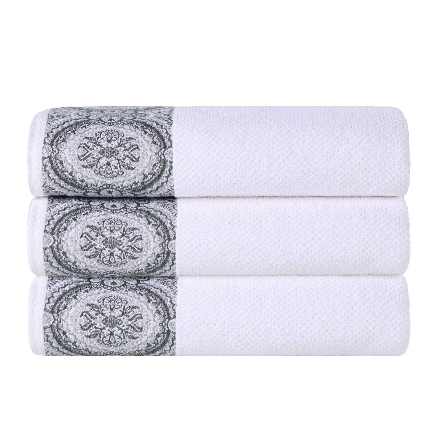 Medallion Cotton Jacquard Textured Soft Absorbent Bath Towel Set of 3 - Gray