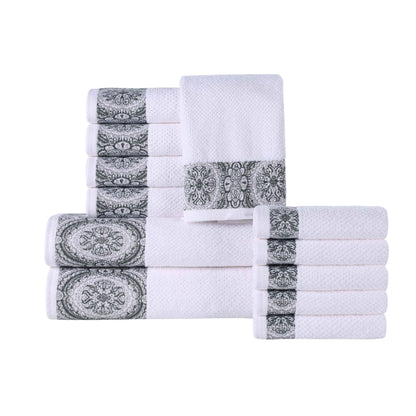 Medallion Cotton Jacquard Textured Soft Absorbent 12 Piece Towel Set - Gray
